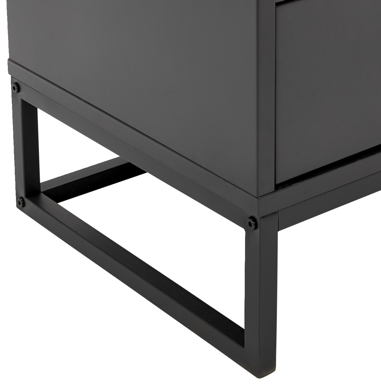 Detailansicht der unteren Ecke einer modernen, schwarzen Nachtkonsole mit Metallrahmen.