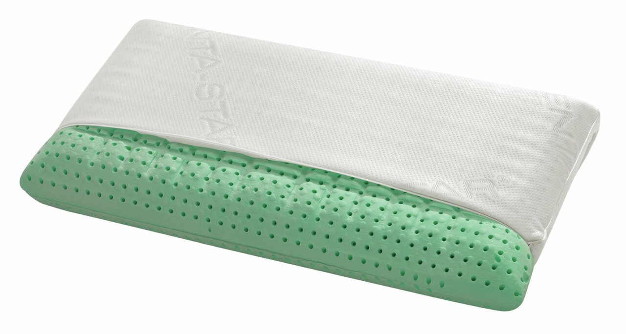 Centa Star Nackenstützkissen RESPIRE Nackenstützkissen 40 x 80 cm mit abnehmbarem Bezug, teilweise geöffnet, um die grüne perforierte Schaumstofffüllung zu zeigen, Perspektive von schräg oben