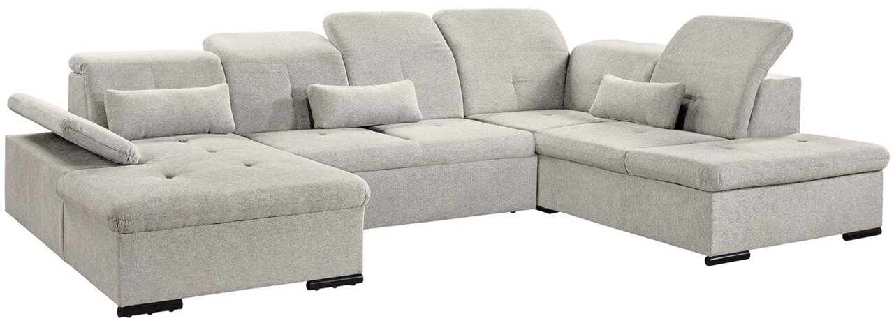 Graues Ecksofa mit verstellbaren Rückenlehnen und Armlehnen, Perspektive von vorne links