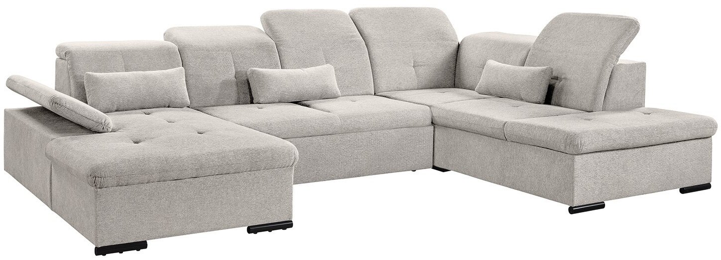 Graues Ecksofa mit verstellbaren Rückenlehnen und Armlehnen, Perspektive von vorne links