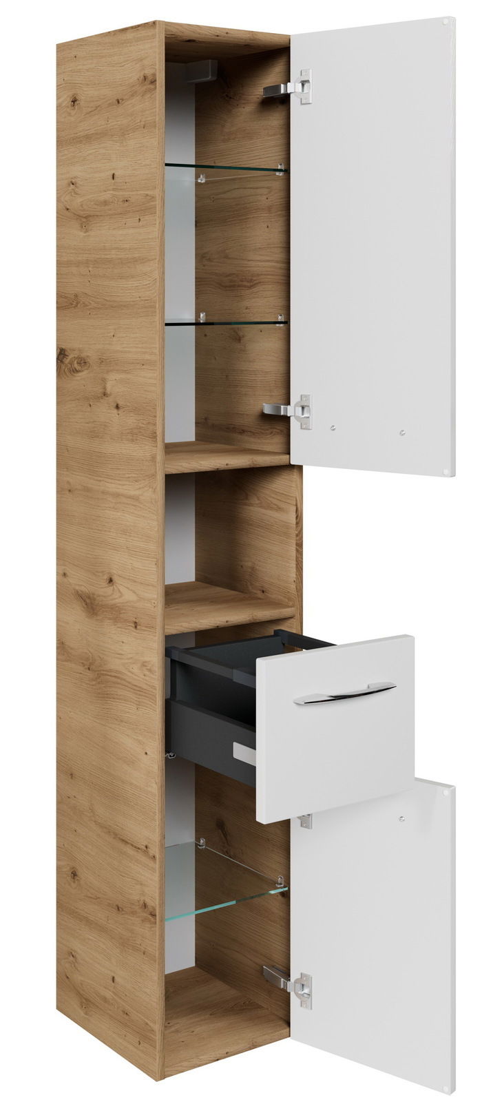 Hochschrank aus Holz mit weißen Türen, teilweise geöffnet, zeigt Glasregale und eine Schublade, seitliche Perspektive.