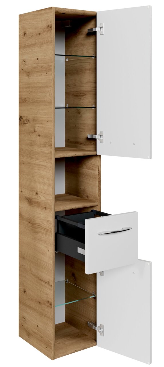 Sadena Hochschrank PLAKA Hochschrank aus Holz mit weißen Türen, teilweise geöffnet, zeigt Glasregale und eine Schublade, seitliche Perspektive.