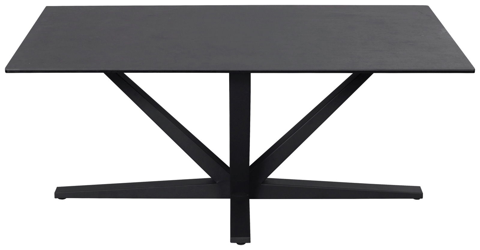 Moderner schwarzer Couchtisch mit rechteckiger Tischplatte und V-förmigem Gestell, seitliche Perspektive.