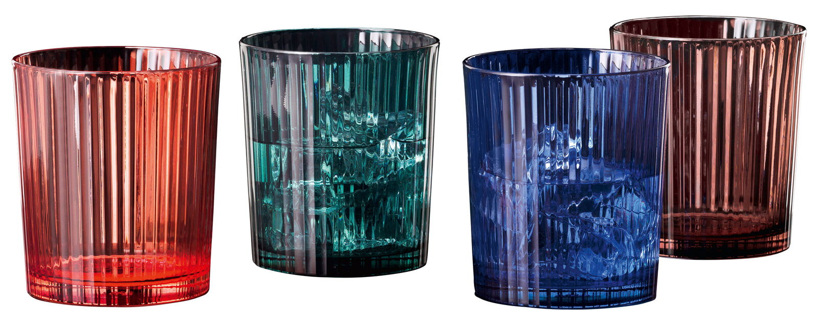 Nachtmann Becher Set 4tlg. APERITIVO Vier bunte, geriffelte Becher in Rot, Grün, Blau und Braun, frontal fotografiert.