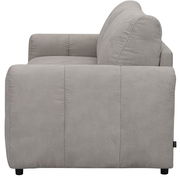 Seitenansicht eines grauen Funktionssofas mit Armlehne und Rückenlehne.