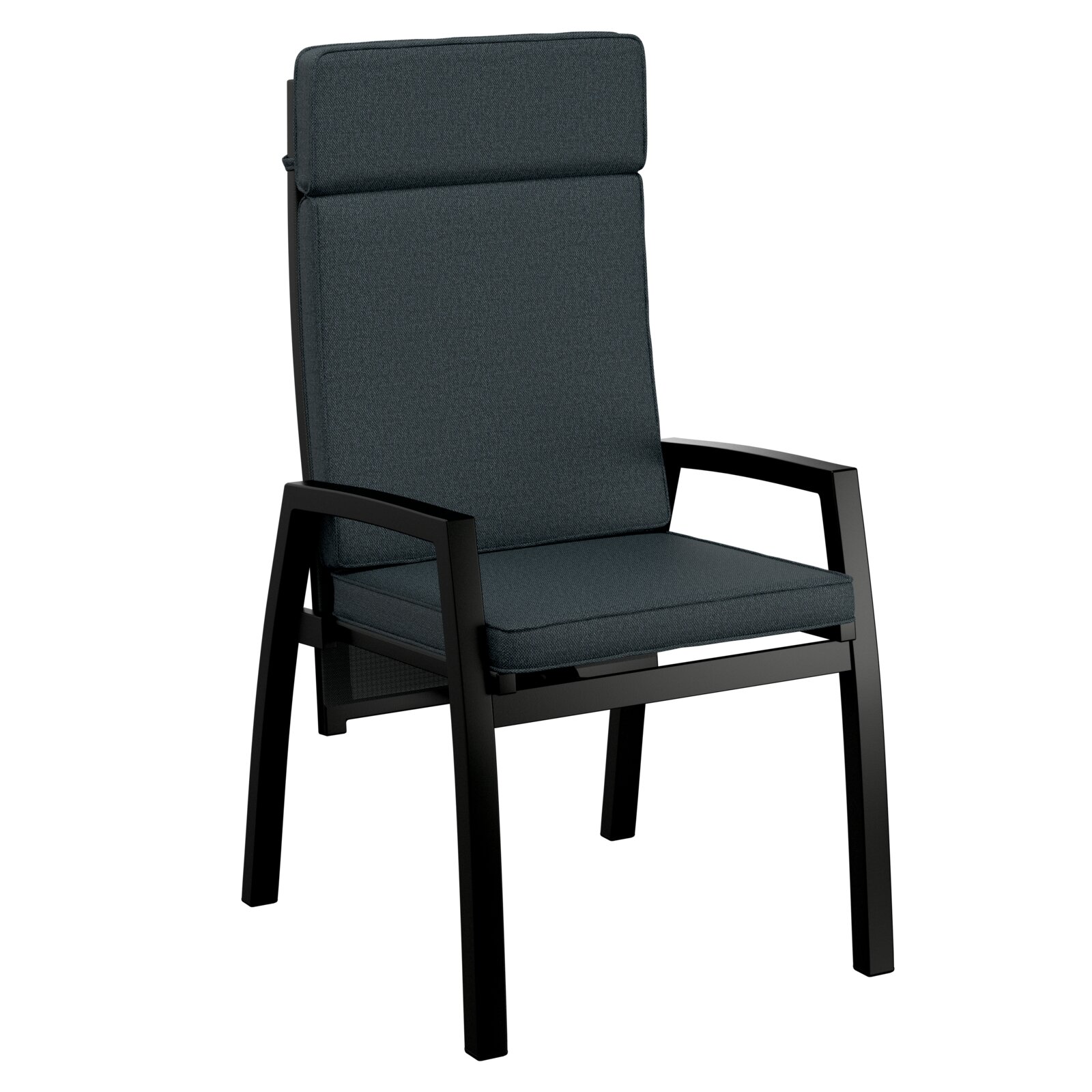 Moderner Gartensessel mit schwarzem Metallrahmen und dunkelgrauen Polstern, seitliche Perspektive