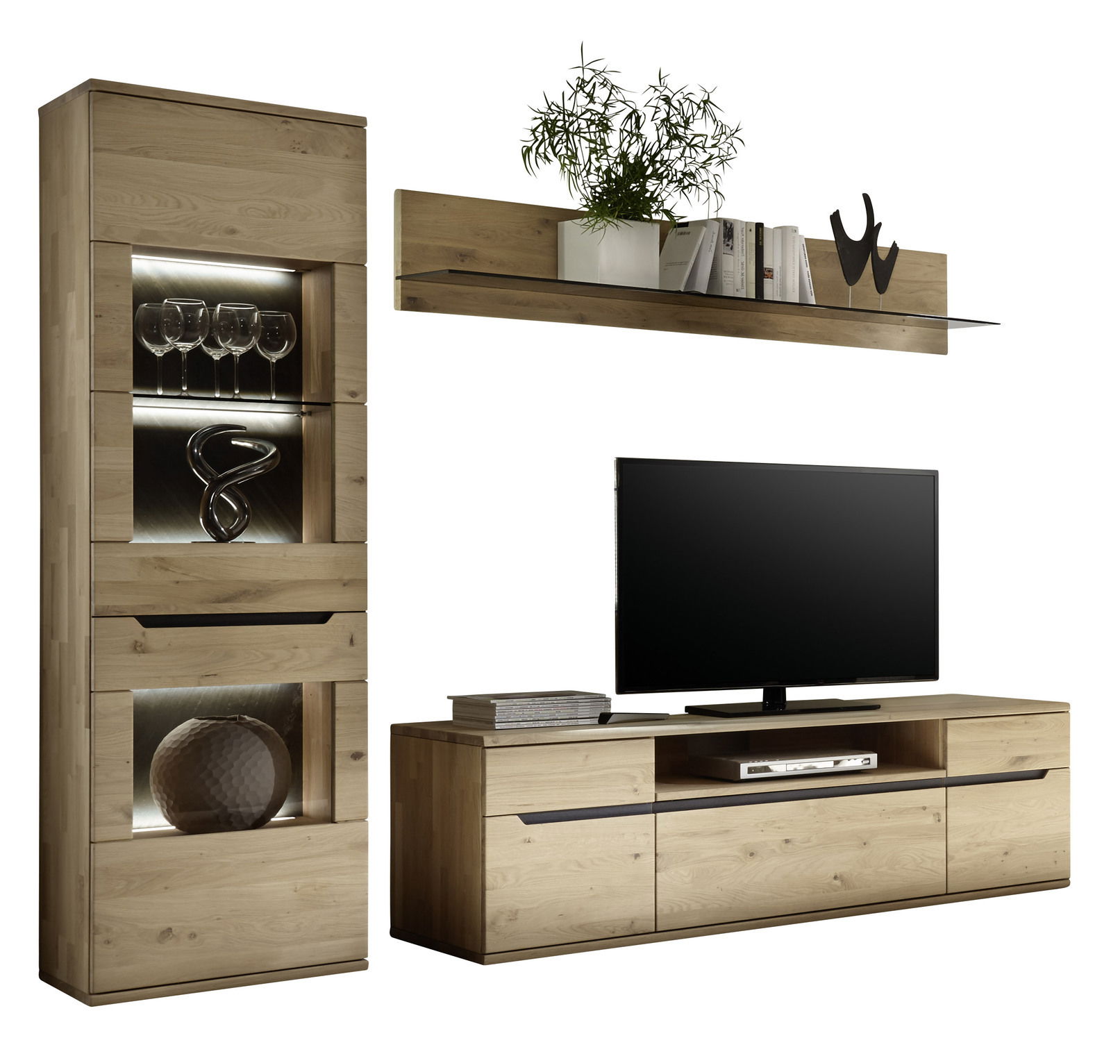 Moderne Wandkombination aus Holz mit Vitrine, Regal und TV-Schrank, seitliche Perspektive