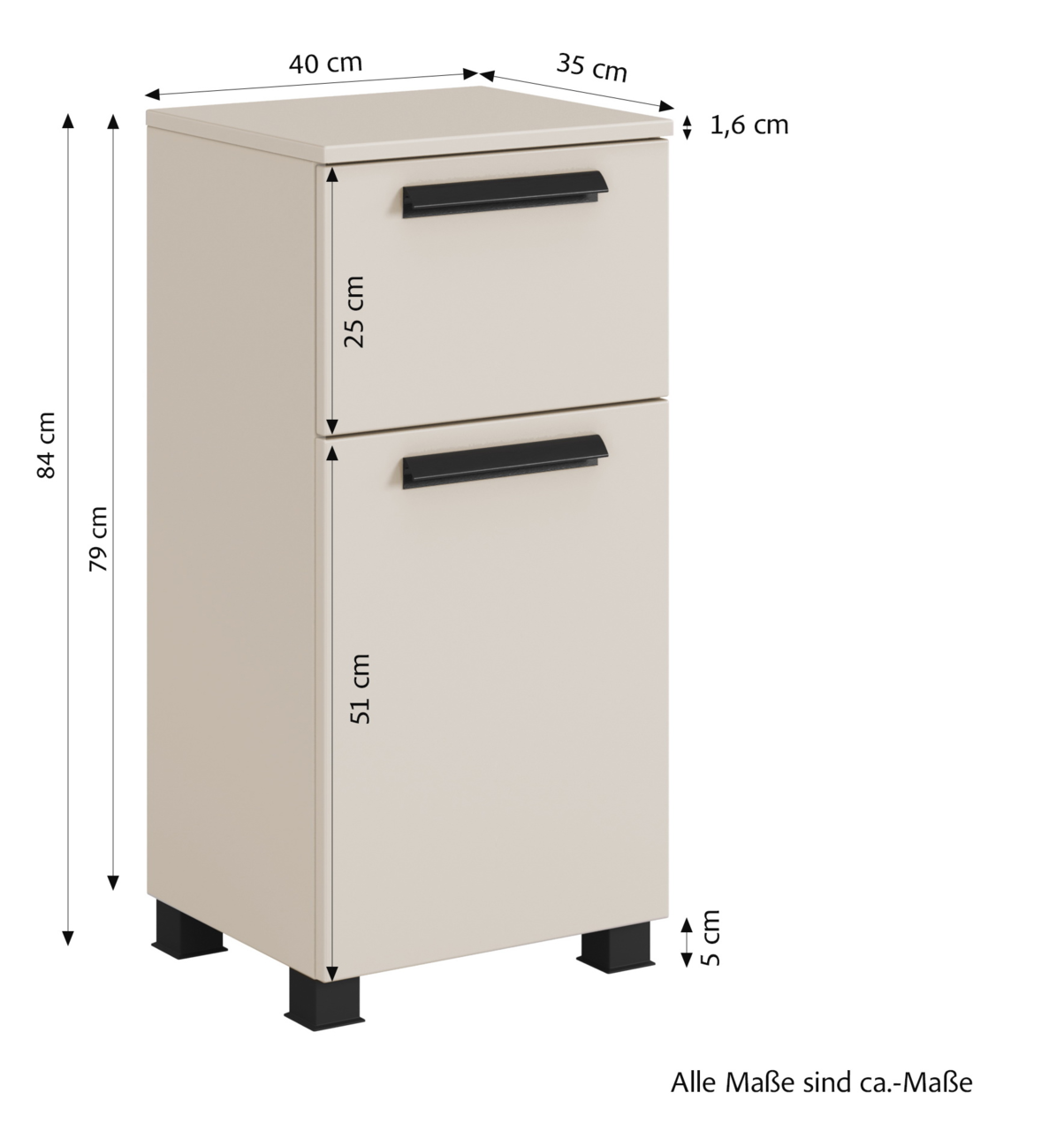 Beiger Unterschrank mit zwei Schubladen, schwarzen Griffen und Maßen von 84 cm Höhe, 40 cm Breite und 35 cm Tiefe, seitliche Perspektive