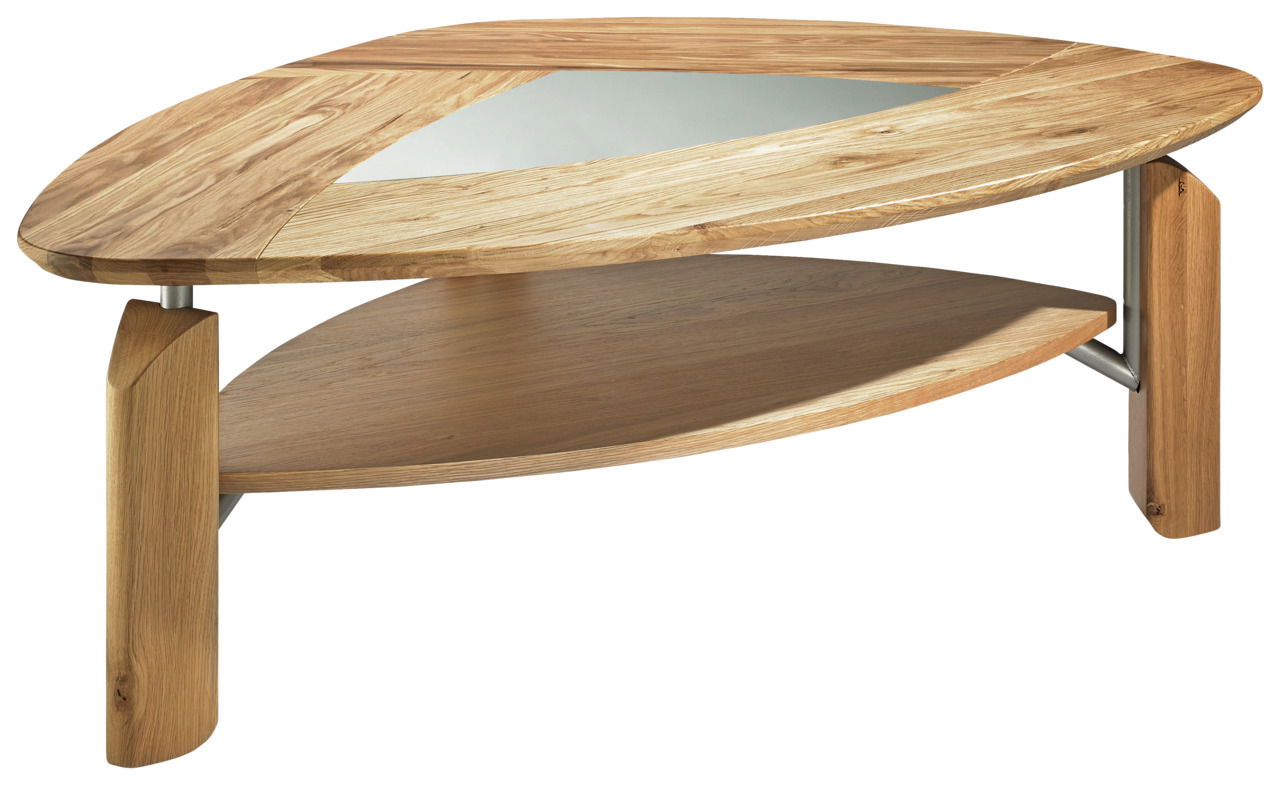 Moderner Couchtisch aus Holz mit Glasplatte, dreieckige Form, seitliche Perspektive