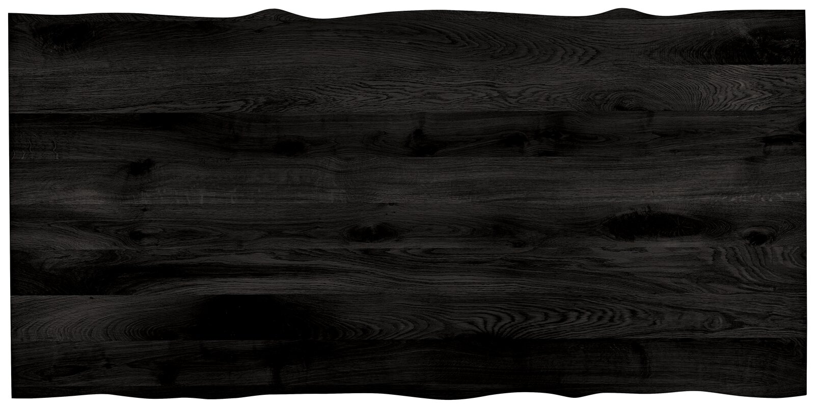 Valdera Tischplatte MEMORY Draufsicht auf eine rechteckige Tischplatte aus dunklem Holz mit natürlicher Maserung und unregelmäßigen Kanten.