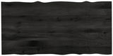 Draufsicht auf eine rechteckige Tischplatte aus dunklem Holz mit natürlicher Maserung und unregelmäßigen Kanten.