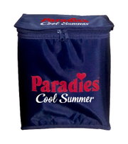 Vorderansicht einer blauen Tasche mit Reißverschluss, bedruckt mit 'Paradies Cool Summer'.