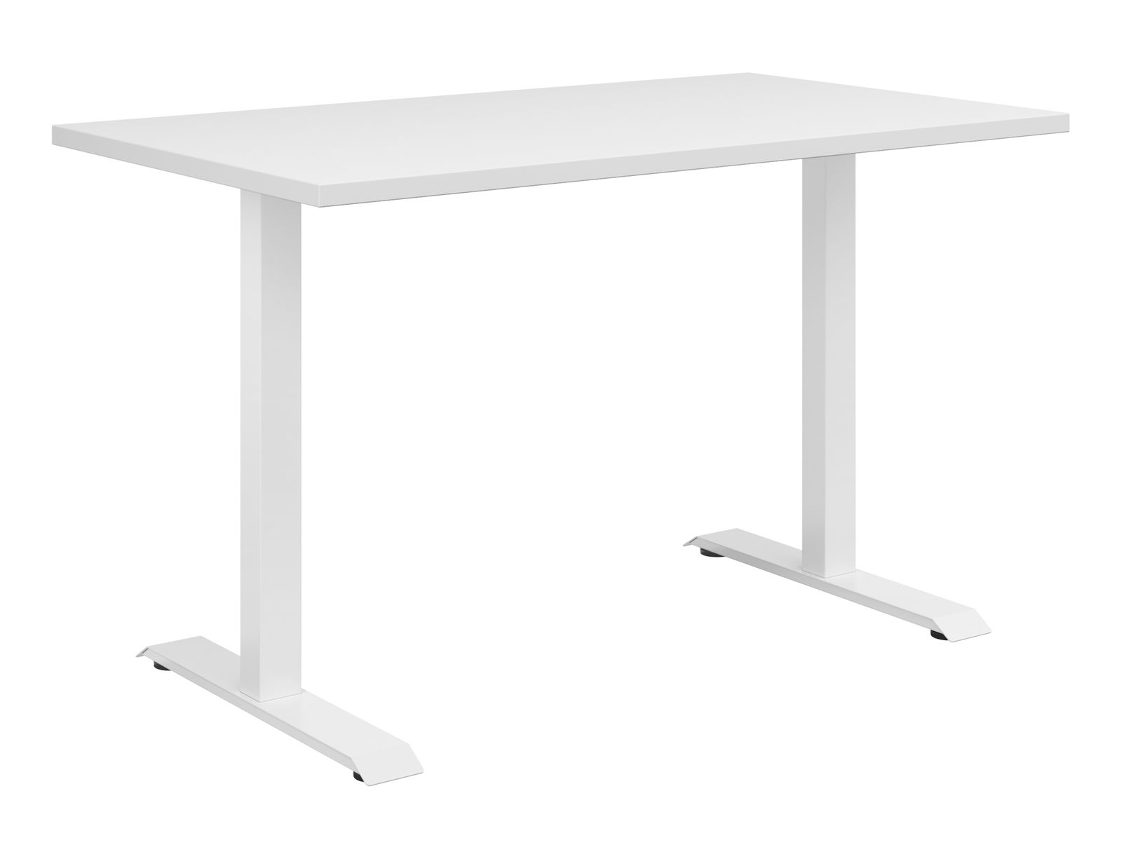 Moderner weißer Schreibtisch mit rechteckiger Tischplatte und stabilen T-Füßen, seitliche Perspektive
