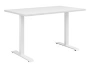 Moderner weißer Schreibtisch mit rechteckiger Tischplatte und stabilen T-Füßen, seitliche Perspektive