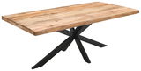 Moderner Esstisch aus Holz mit schwarzem Metallgestell, seitliche Perspektive