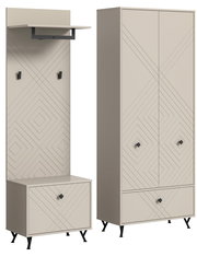Garderobenkombination in modernem Design mit geometrischen Mustern, bestehend aus einem hohen Schrank und einer Sitzbank mit Hakenleiste, seitliche Perspektive.