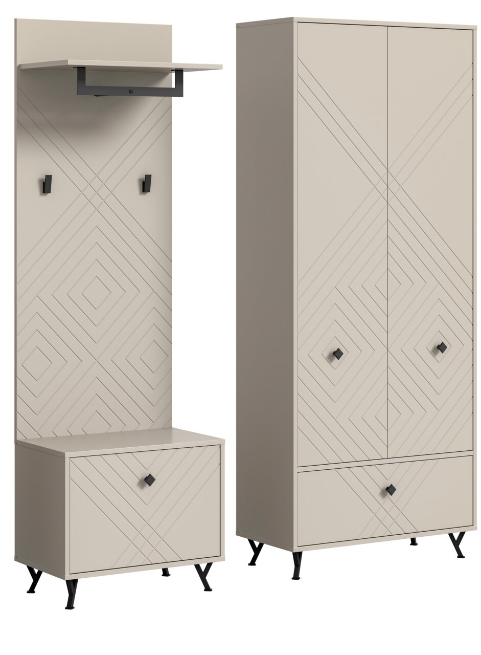 Garderobenkombination in modernem Design mit geometrischen Mustern, bestehend aus einem hohen Schrank und einer Sitzbank mit Hakenleiste, seitliche Perspektive.