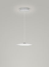 Moderne LED-Pendelleuchte in minimalistischem Design, von unten betrachtet, mit runder, flacher Form und weißem Finish.