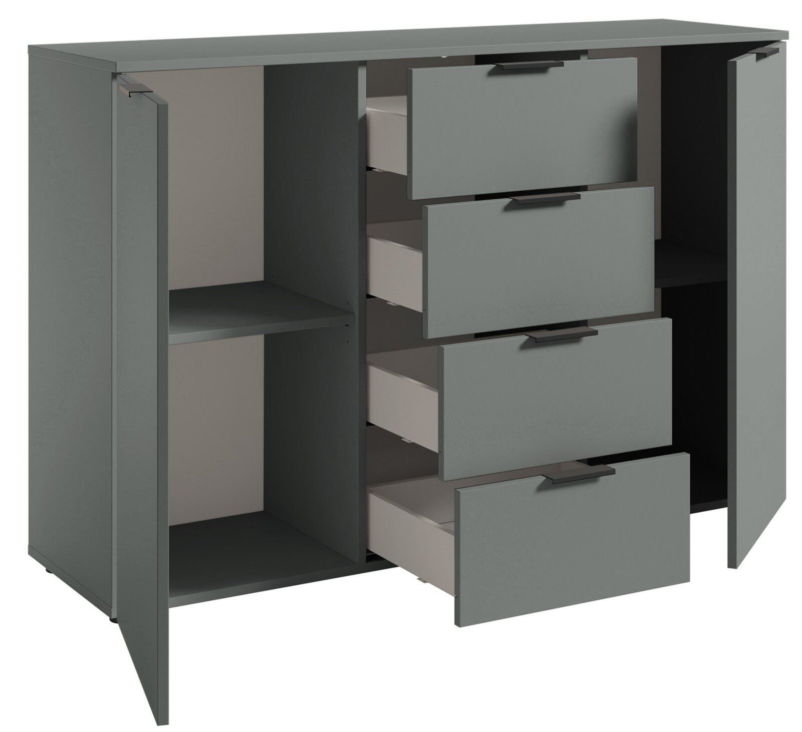 Graues Sideboard mit vier offenen Schubladen und zwei offenen Türen, seitliche Perspektive