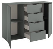 Graues Sideboard mit vier offenen Schubladen und zwei offenen Türen, seitliche Perspektive