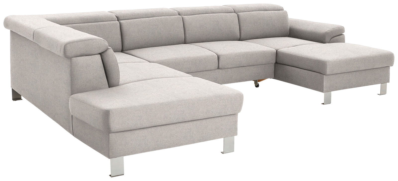 Graues Ecksofa in U-Form mit moderner Polsterung und Metallfüßen, Perspektive von vorne links