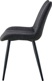 Gepolsterter Esszimmerstuhl mit dunkelgrauem Stoffbezug und schwarzen Metallbeinen, Seitenansicht von links