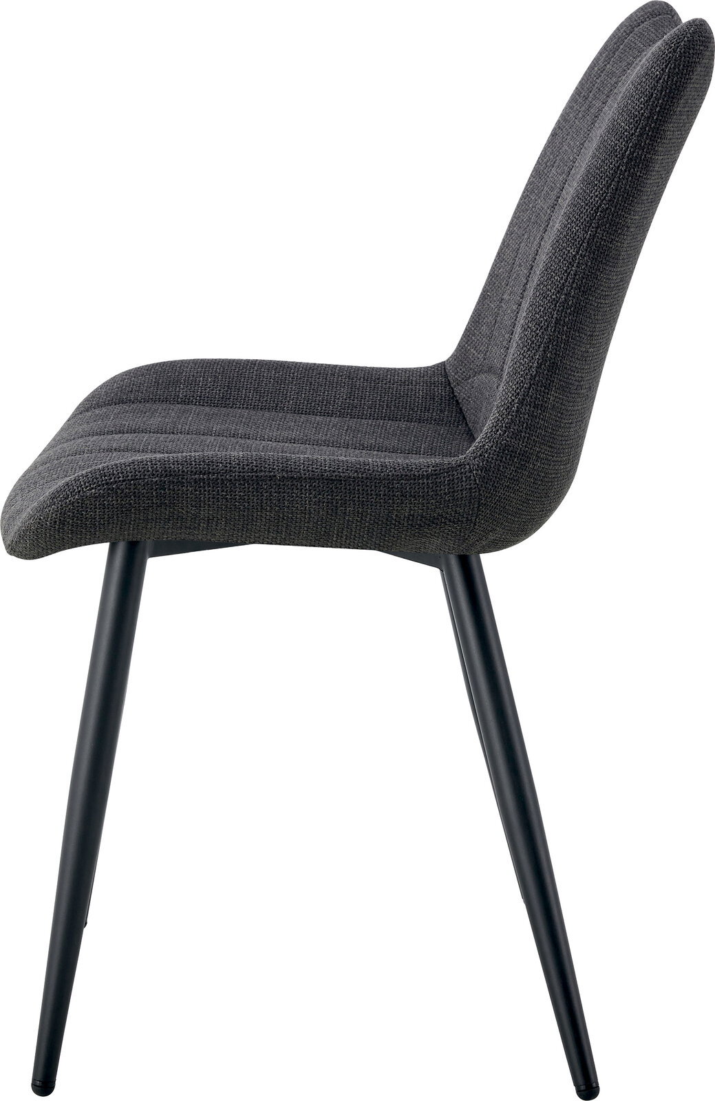 Gepolsterter Esszimmerstuhl mit dunkelgrauem Stoffbezug und schwarzen Metallbeinen, Seitenansicht von links