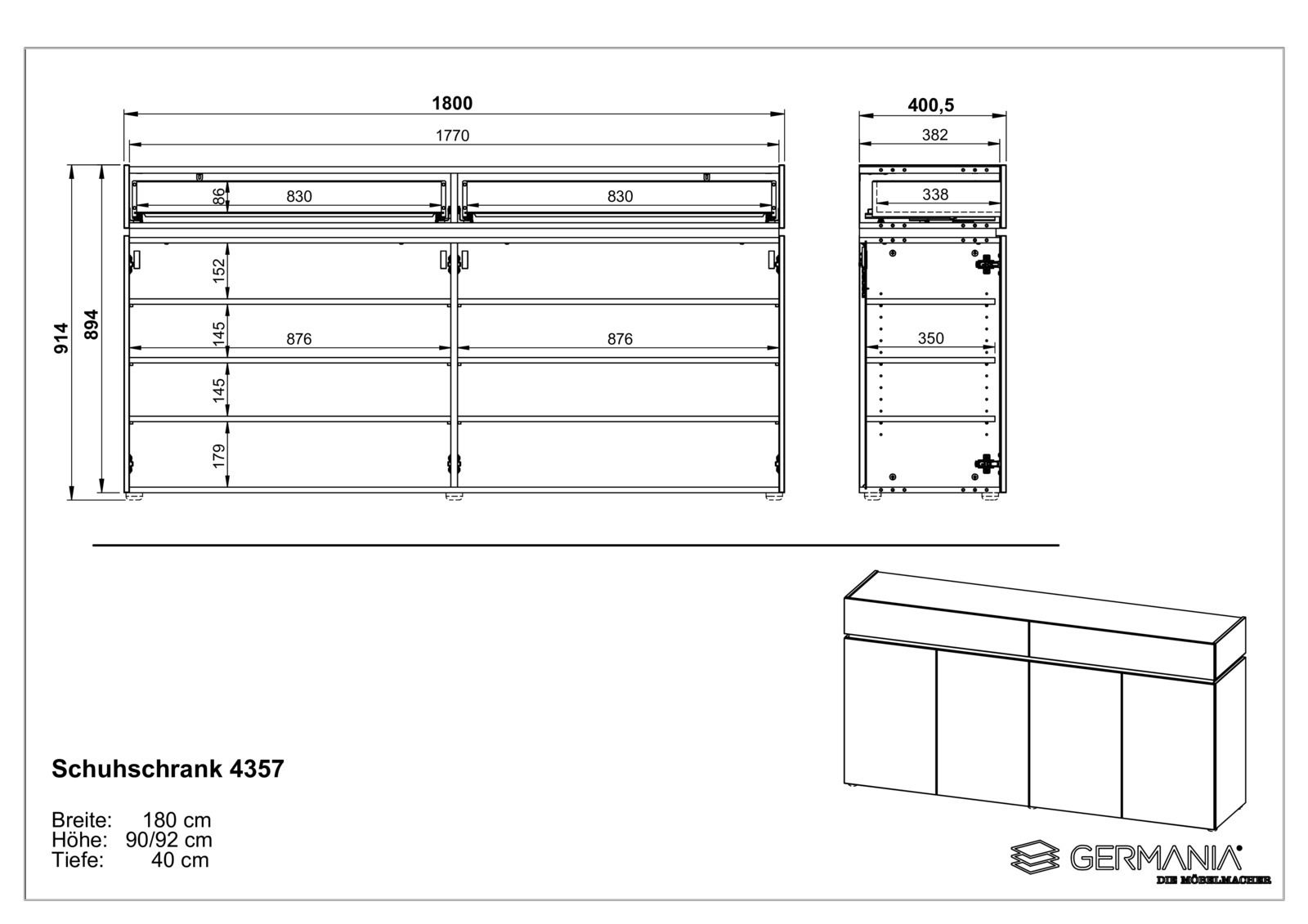 Technische Zeichnung eines XXL-Schuhschranks mit den Maßen Breite: 180 cm, Höhe: 90/92 cm, Tiefe: 40 cm. Front- und Seitenansicht des Schranks mit mehreren Fächern und Schubladen.