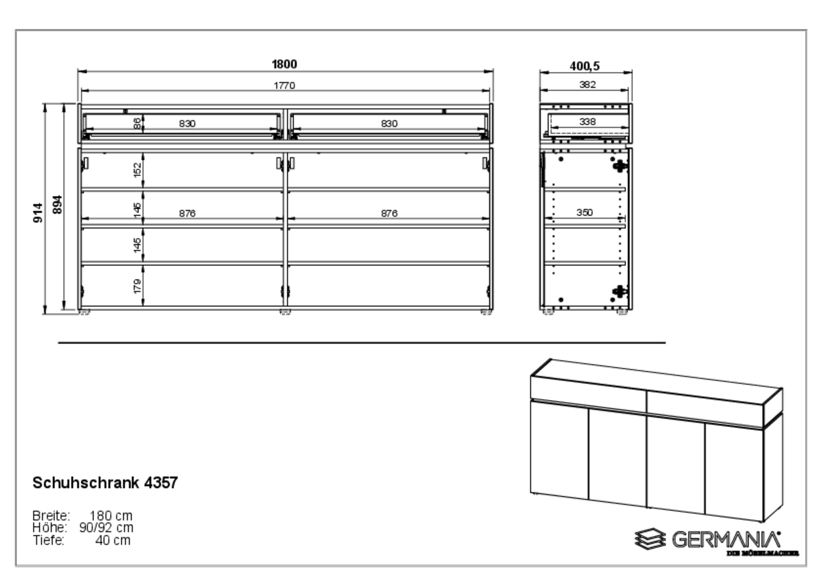 Technische Zeichnung eines XXL-Schuhschranks mit den Maßen Breite: 180 cm, Höhe: 90/92 cm, Tiefe: 40 cm. Front- und Seitenansicht des Schranks mit mehreren Fächern und Schubladen.