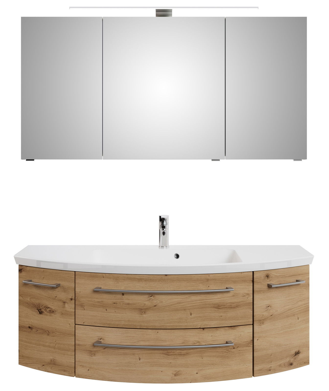 Frontale Ansicht einer dreiteiligen Badkombination mit Spiegelschrank und Waschtisch in Holzoptik.