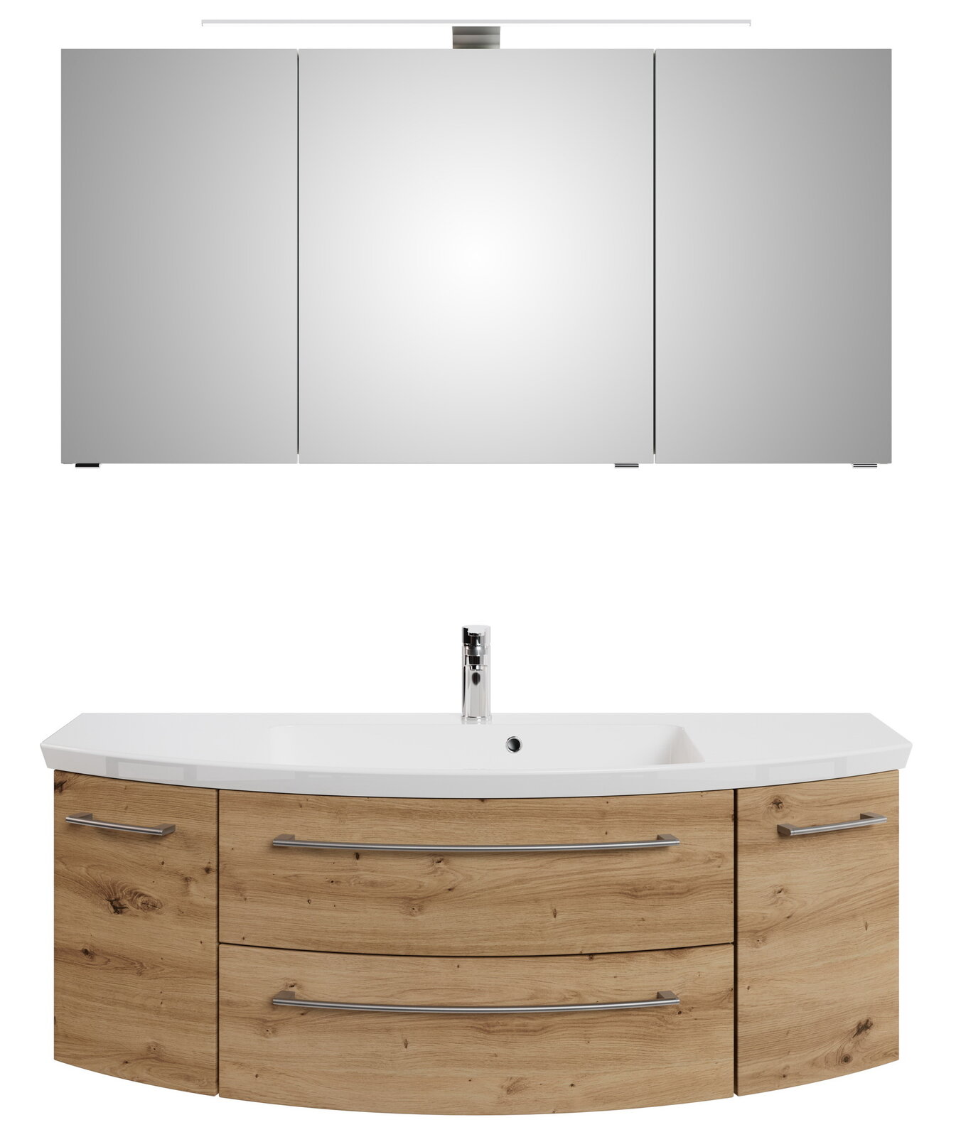 Frontale Ansicht einer dreiteiligen Badkombination mit Spiegelschrank und Waschtisch in Holzoptik.