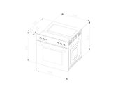 Technische Maßzeichnung eines Einbau-Backofens mit Bedienknöpfen und Glastür, in schräger Vorderansicht von rechts, mit eingezeichneten Abmessungen (ca. 595 mm Breite, 555 mm Höhe, 540 mm Tiefe).