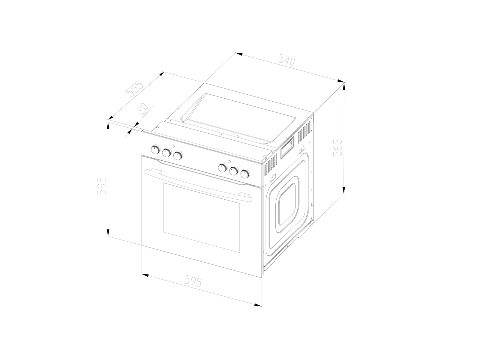 Technische Maßzeichnung eines Einbau-Backofens mit Bedienknöpfen und Glastür, in schräger Vorderansicht von rechts, mit eingezeichneten Abmessungen (ca. 595 mm Breite, 555 mm Höhe, 540 mm Tiefe).