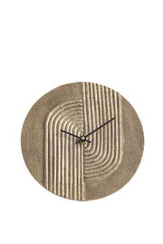 Wanduhr mit strukturiertem, sandfarbenem Zifferblatt und schwarzen Zeigern, Frontalansicht