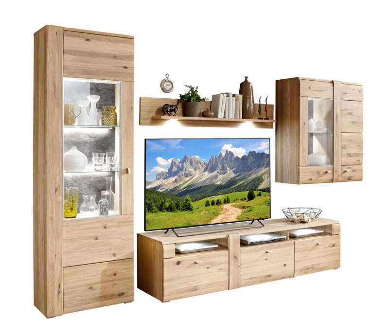 Wandkombination aus Holz mit Vitrine, Regal und TV-Schrank, frontal betrachtet