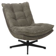 Grauer Relaxsessel JOSHUA mit weichem, geripptem Stoffbezug und schwarzem Drehfuß, seitliche Perspektive