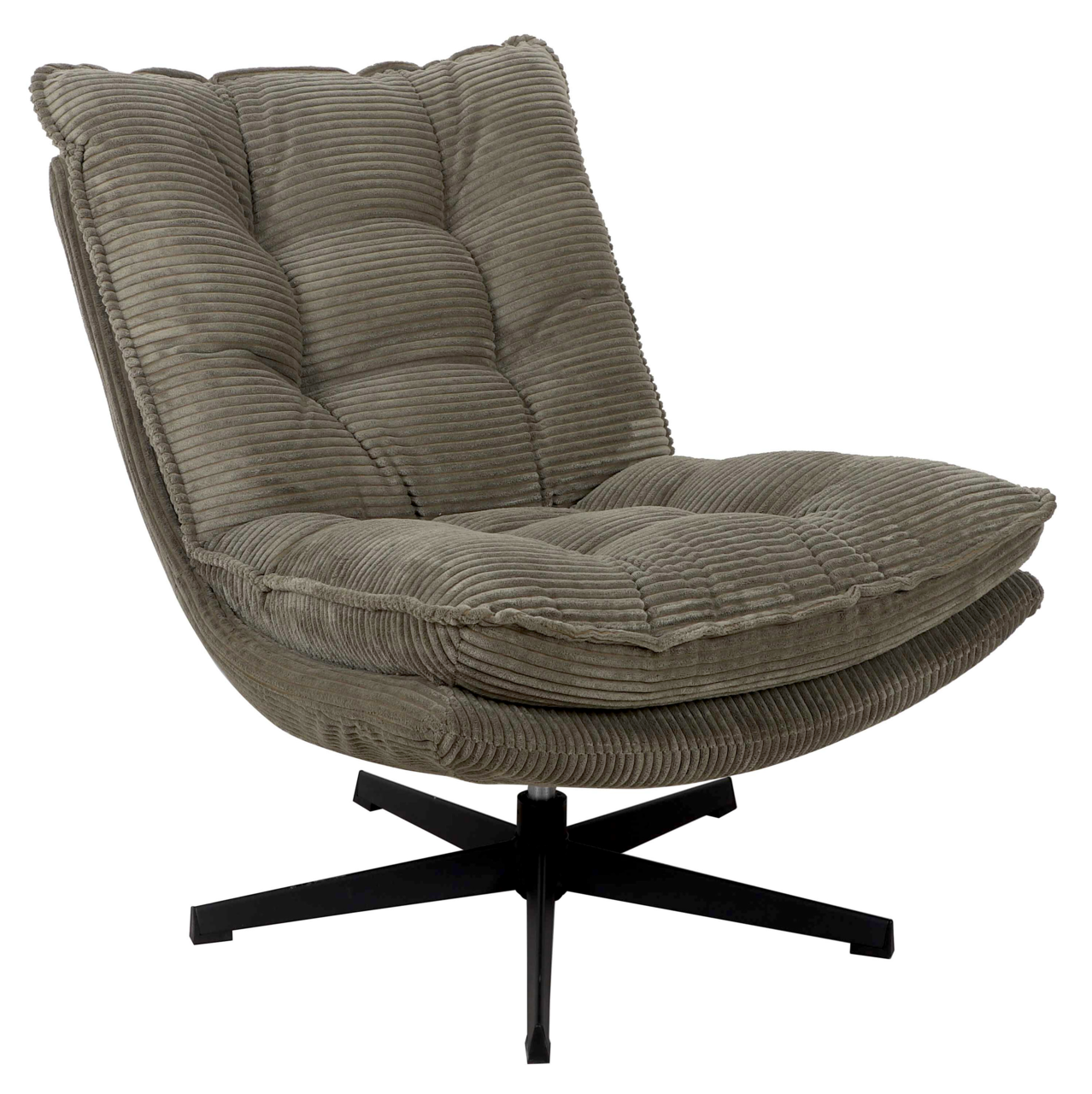 Grauer Relaxsessel JOSHUA mit weichem, geripptem Stoffbezug und schwarzem Drehfuß, seitliche Perspektive
