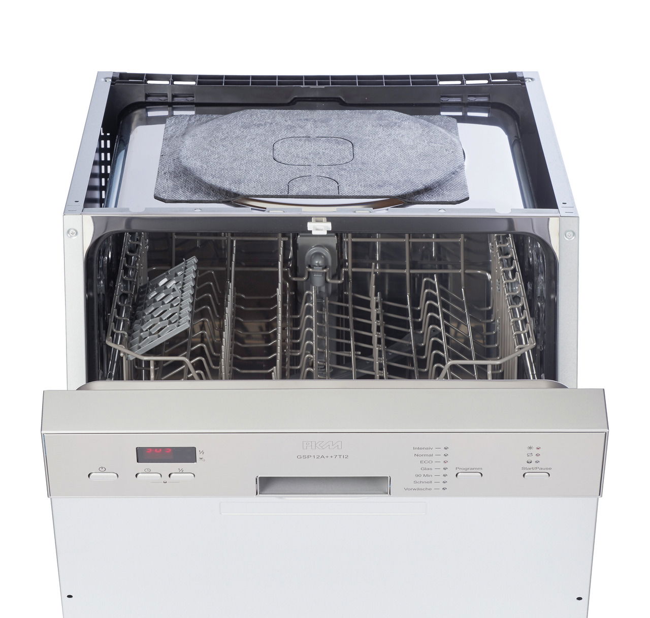 Geschirrspüler in geöffneter Perspektive von oben, zeigt Innenraum mit Geschirrkörben und Bedienelementen.