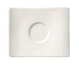 Weiße rechteckige Untertasse mit rundem Vertiefung in der Mitte, Ansicht von oben