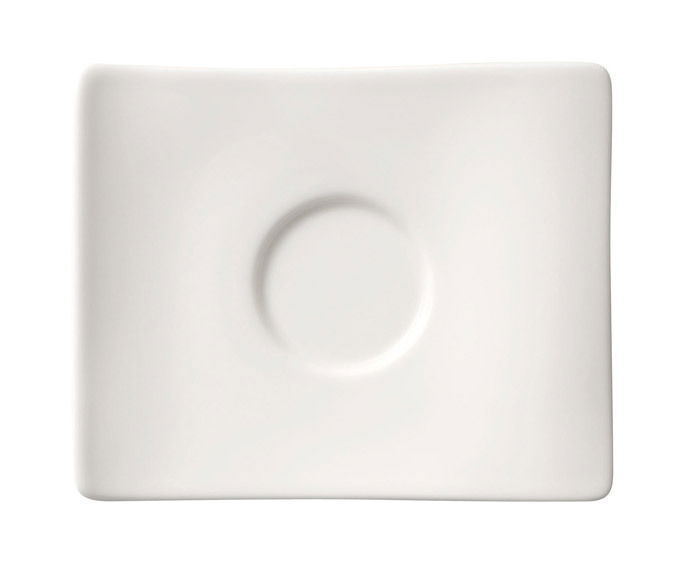 Weiße rechteckige Untertasse mit rundem Vertiefung in der Mitte, Ansicht von oben