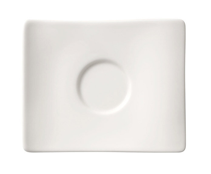 Weiße rechteckige Untertasse mit rundem Vertiefung in der Mitte, Ansicht von oben