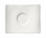 Weiße rechteckige Untertasse mit rundem Vertiefung in der Mitte, Ansicht von oben