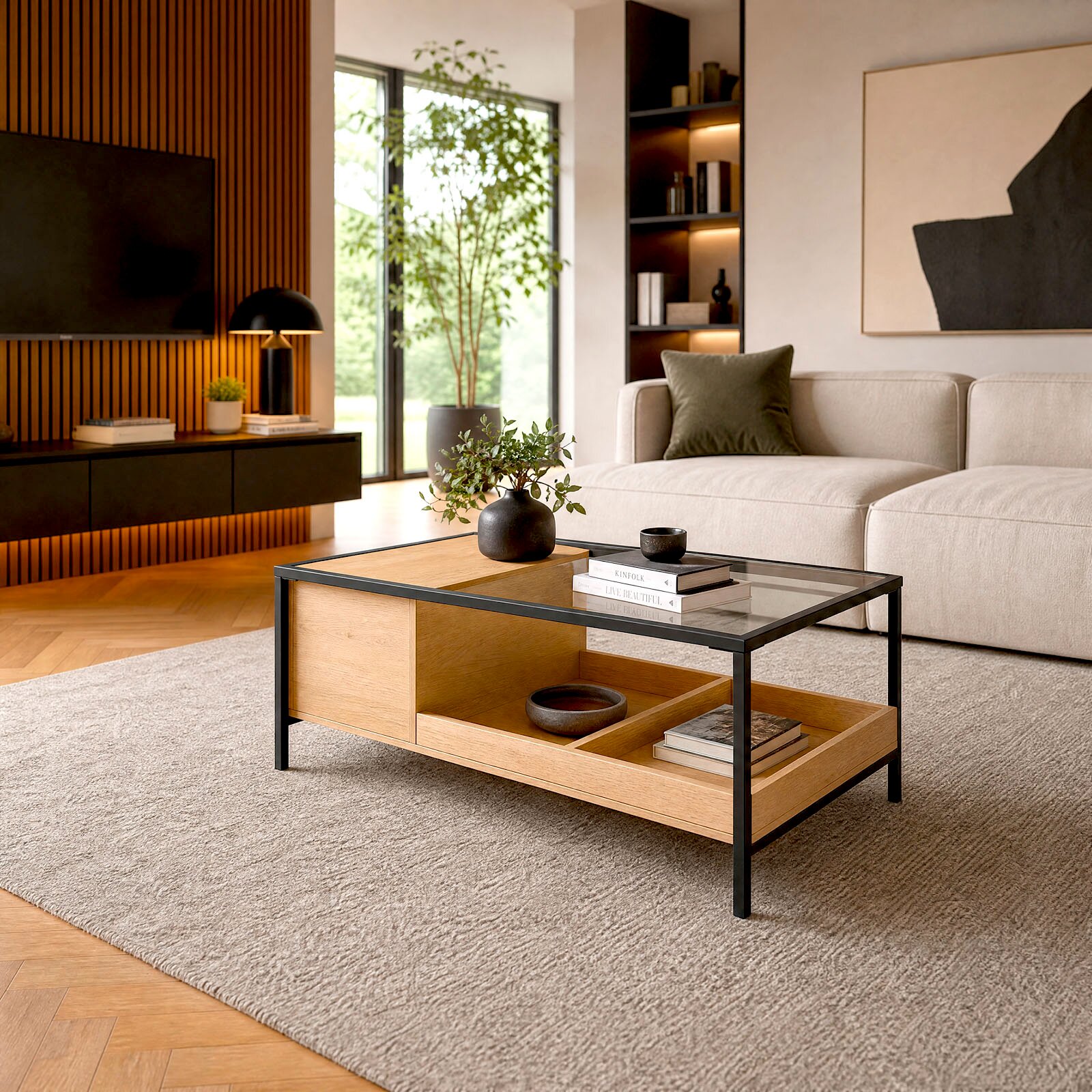 Moderner rechteckiger Couchtisch aus hellem Holz mit schwarzem Metallrahmen, Glasplatte und offenen Ablagefächern, aus schräger Vorderansicht in einem stilvollen Wohnzimmer präsentiert.