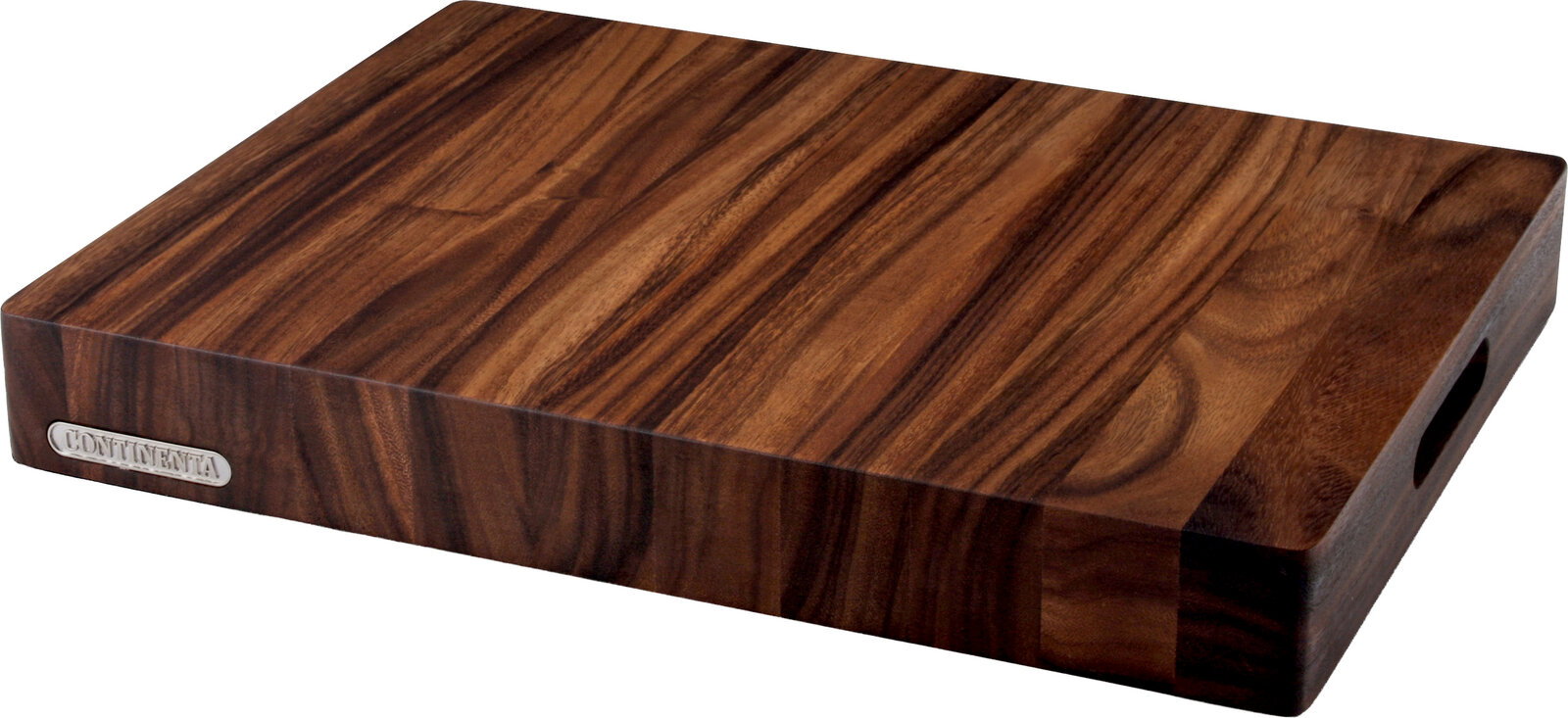 Continenta Hackblock Massives Holz-Schneidebrett mit dunkler Maserung und Griffaussparung, schräg von oben in 3/4-Perspektive auf weißem Hintergrund