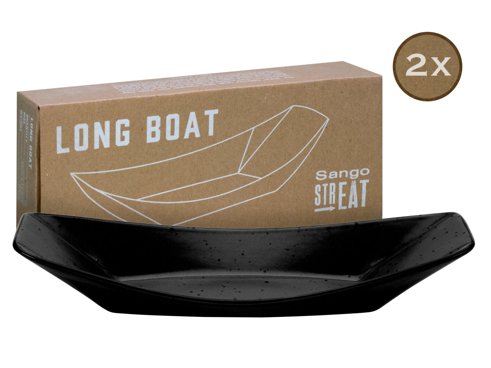 Creatable Boat 2-tlg STREET FOOD Schwarzer, bootförmiger Servierteller „Long Boat“ von sango STREET mit Verpackung im Hintergrund und 2x-Hinweis, freigestellt auf weißem Hintergrund, Frontansicht leicht von oben