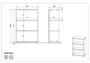 Zeichnung eines Aktenregals mit drei Regalböden, Vorder- und Seitenansicht, Maße: Breite 80 cm, Höhe 123 cm, Tiefe 40 cm