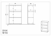 Zeichnung eines Aktenregals mit drei Regalböden, Vorder- und Seitenansicht, Maße: Breite 80 cm, Höhe 123 cm, Tiefe 40 cm