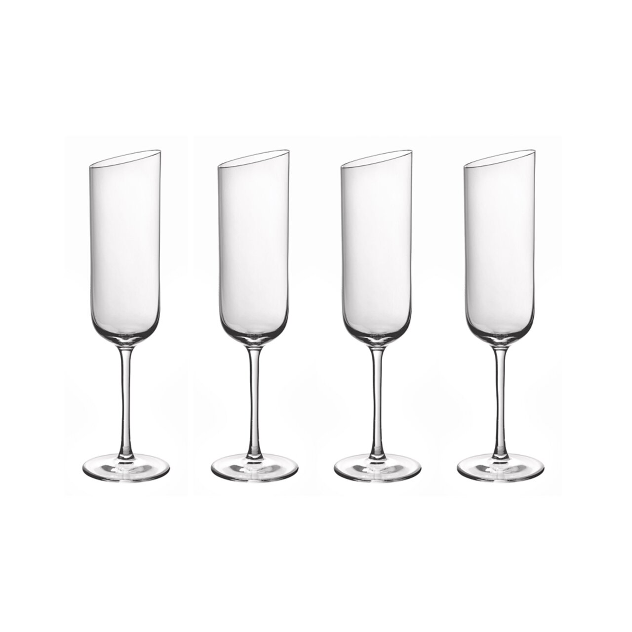 Vier elegante champagneglazen met een schuine rand, van voren afgebeeld.