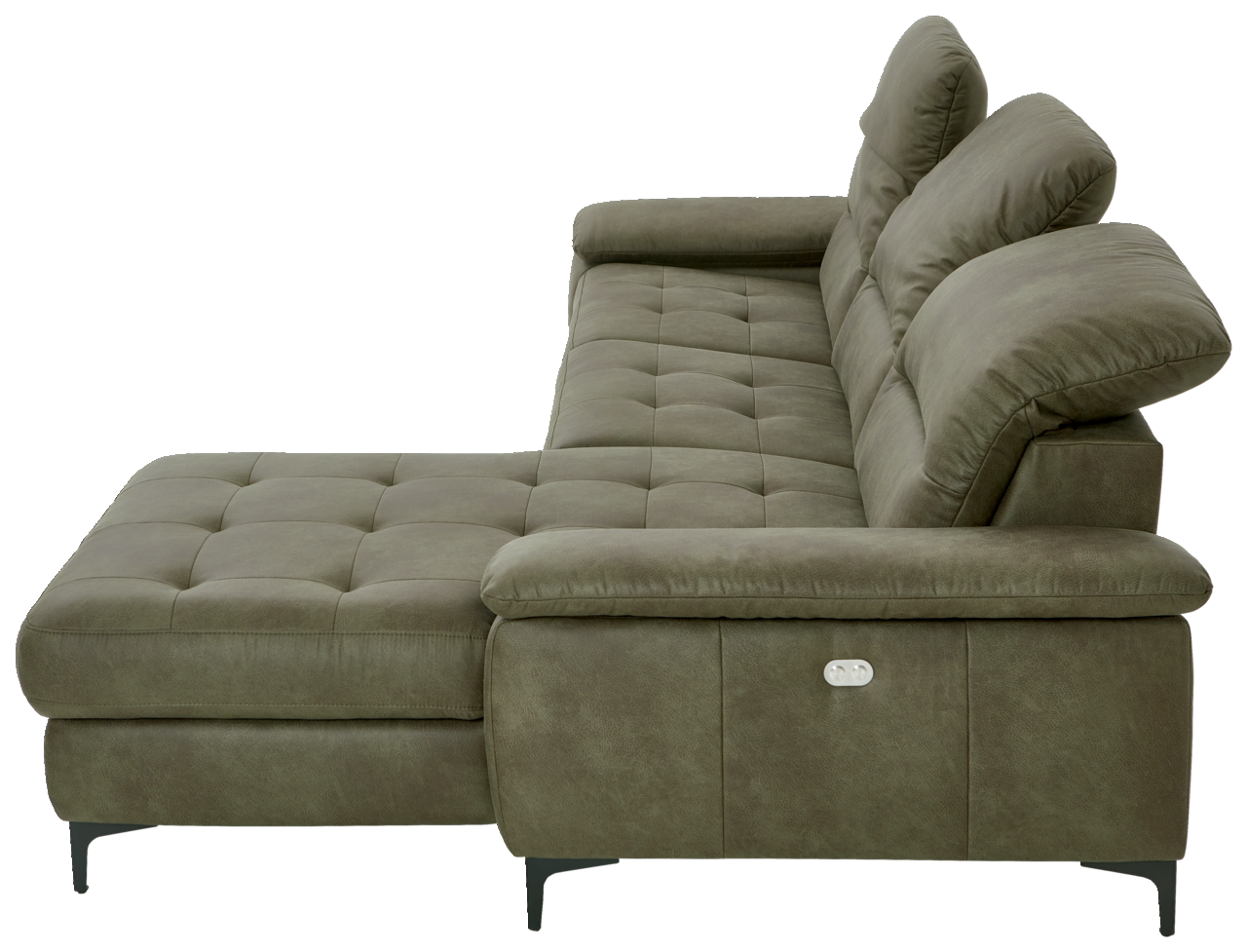 Seitliche Ansicht der Longchairkombination Pure Home Comfort in olivgrünem Stoff mit verstellbaren Kopfstützen und eleganten Metallfüßen.