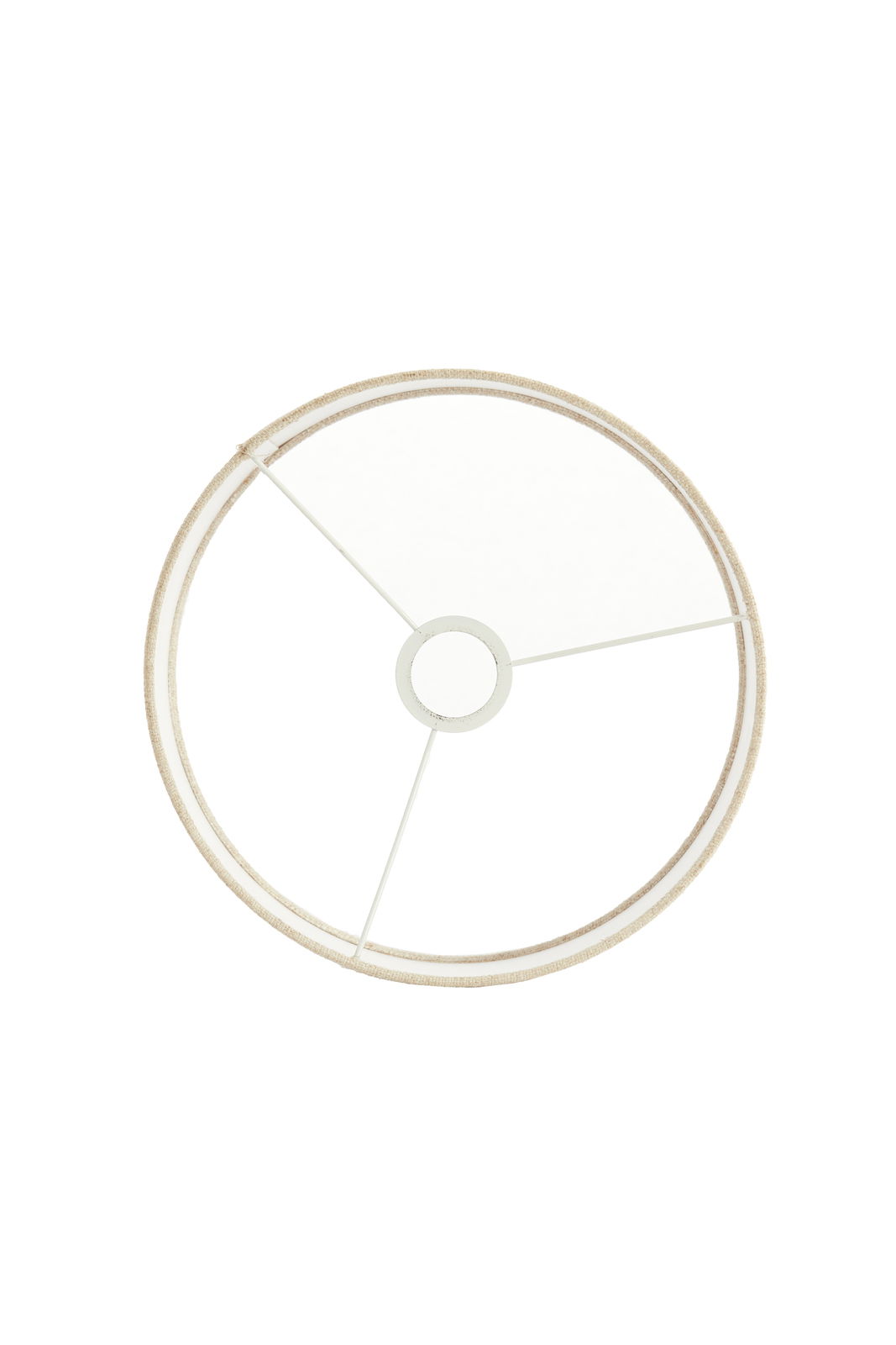 Draufsicht auf einen runden Lampenschirm mit Metallstreben und einem zentralen Befestigungsring.